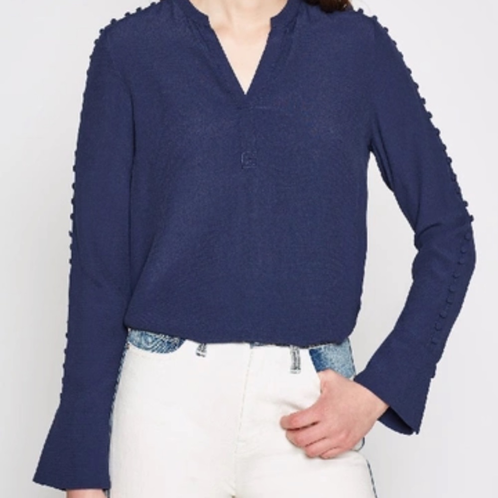 Joie Abe Button Embellished Crepe Long Sleeve Blouse in Midnight.